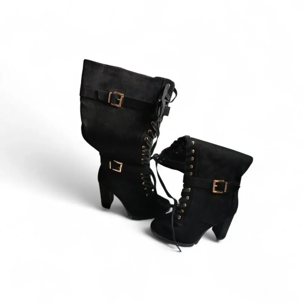 Black Knee High Lace Up Heeled Boots Buckle Detail Women’s ShoeDazzle 9